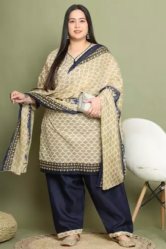 Beige cotton printed ready to wear salwar suit