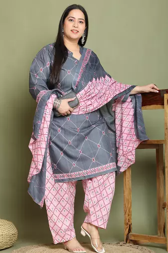 Grey cotton blend printed ready to wear patiala salwar suit