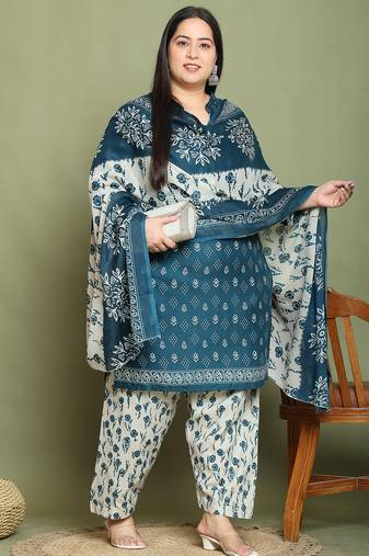 Green cotton blend printed ready to wear patiala salwar suit