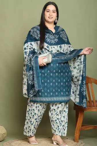 Green cotton blend printed ready to wear patiala salwar suit