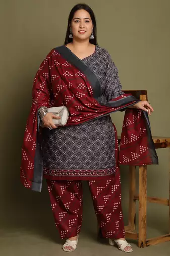 Grey cotton blend printed ready to wear patiala salwar suit