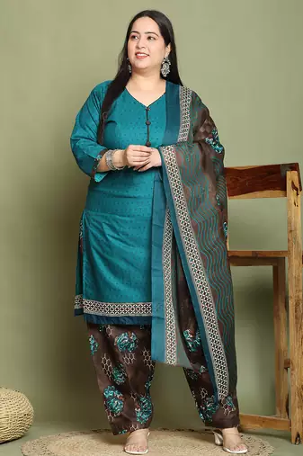 Green cotton blend printed ready to wear patiala salwar suit