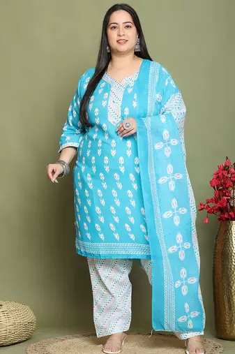 Teal cotton blend printed ready to wear patiala salwar suit