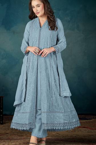 Blue embroidered georgette semi-stitched pakistani salwar suit