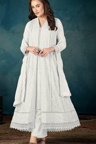 White embroidered georgette semi-stitched pakistani salwar suit