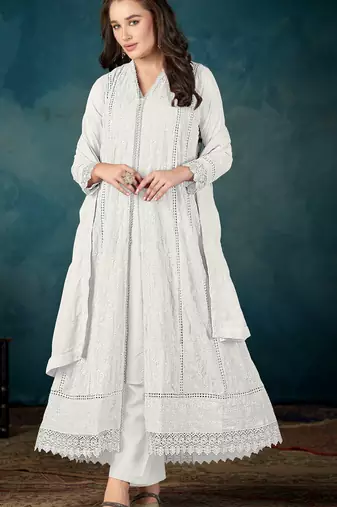 White embroidered georgette semi-stitched pakistani salwar suit