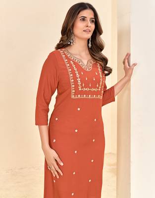 women's orange reyon embroiderd kurta 1