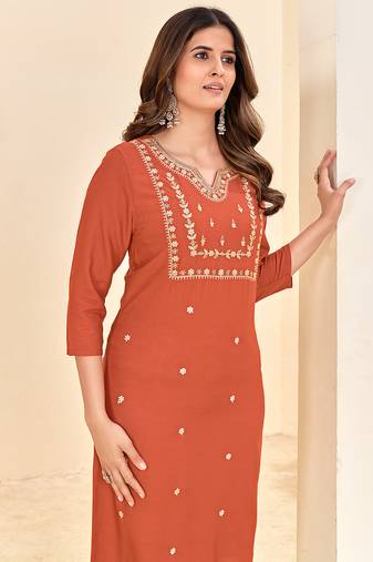 women's orange reyon embroiderd kurta