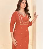 women's orange reyon embroiderd kurta