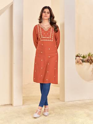 women's orange reyon embroiderd kurta 2