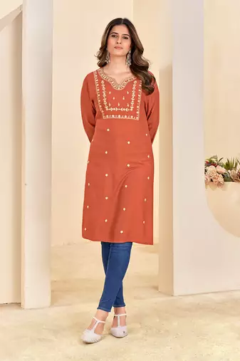 women's orange reyon embroiderd kurta