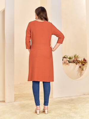 women's orange reyon embroiderd kurta 3