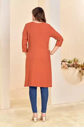 women's orange reyon embroiderd kurta