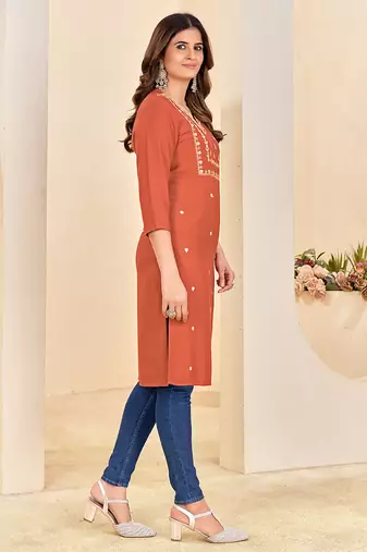 women's orange reyon embroiderd kurta