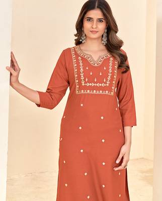 women's orange reyon embroiderd kurta 5