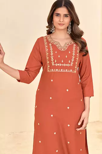 women's orange reyon embroiderd kurta