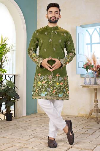 Mehndi green cranchi silk embroidered men's kurta