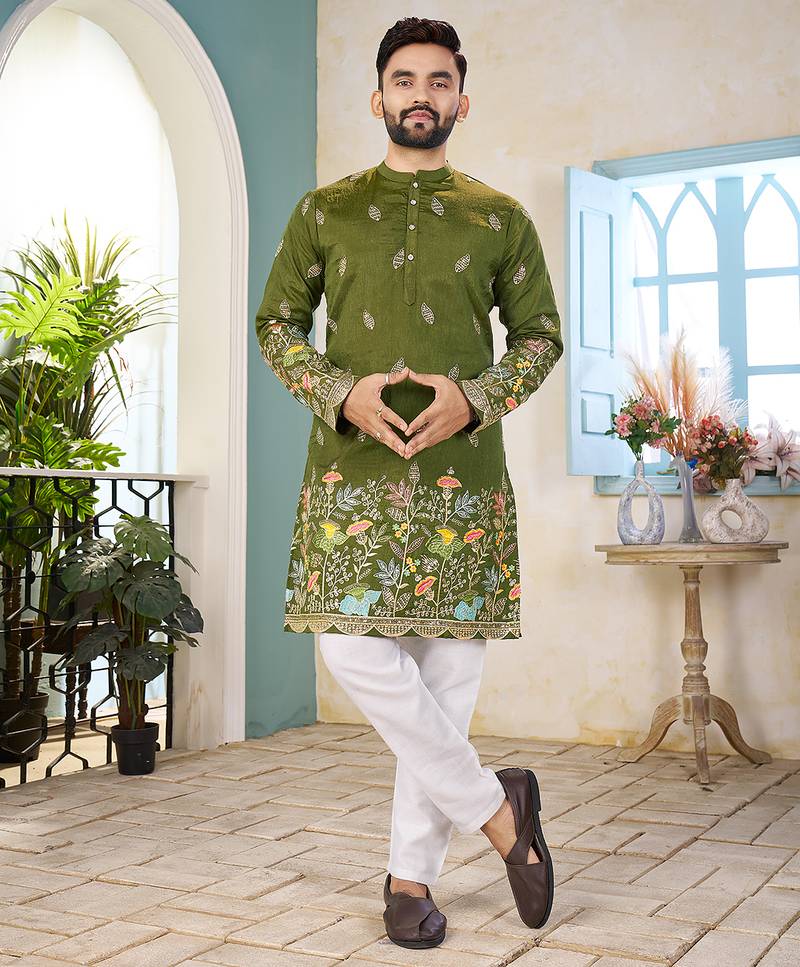 Mehndi green cranchi silk embroidered men's kurta