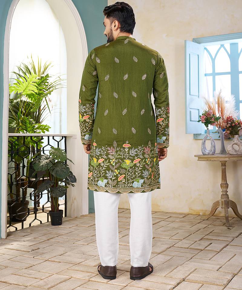 Mehndi green cranchi silk embroidered men's kurta