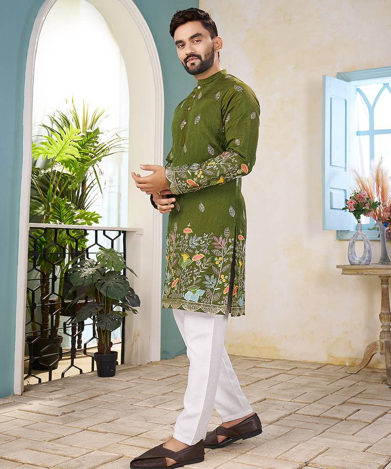 Mehndi green cranchi silk embroidered men's kurta