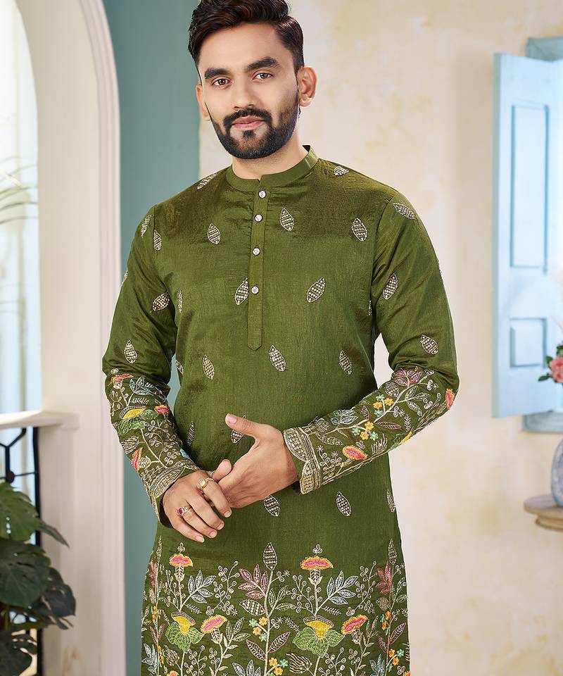 Mehndi green cranchi silk embroidered men's kurta