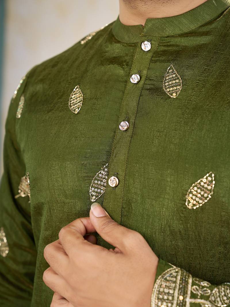 Mehndi green cranchi silk embroidered men's kurta