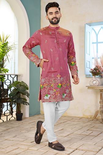 Pink cranchi silk embroidered men's kurta