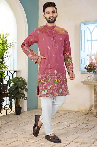 Pink cranchi silk embroidered men's kurta