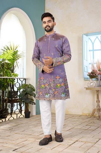 Lavender cranchi silk embroidered men's kurta