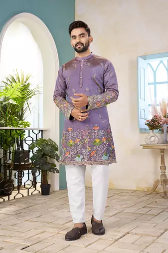 Lavender cranchi silk embroidered men's kurta
