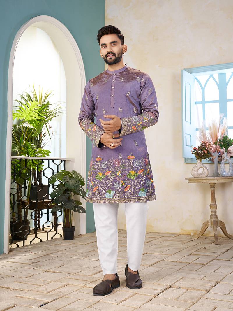 Lavender cranchi silk embroidered men's kurta