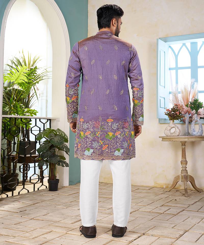 Lavender cranchi silk embroidered men's kurta