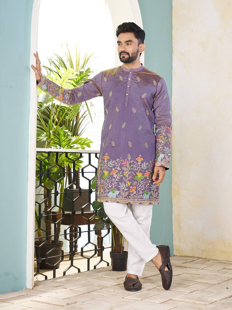 Lavender cranchi silk embroidered men's kurta