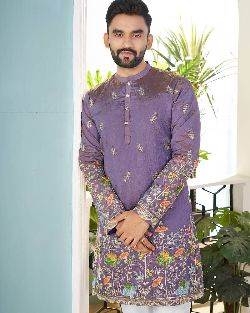 Lavender cranchi silk embroidered men's kurta