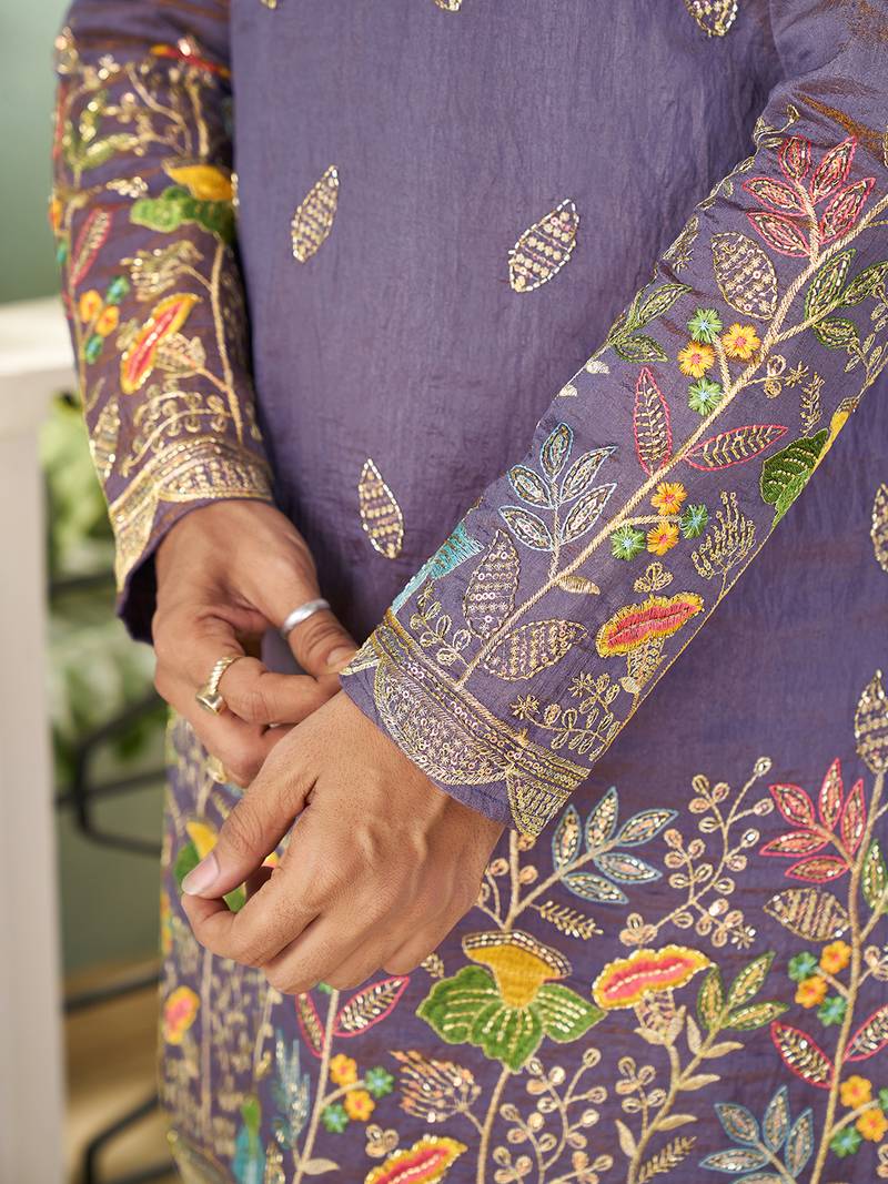Lavender cranchi silk embroidered men's kurta