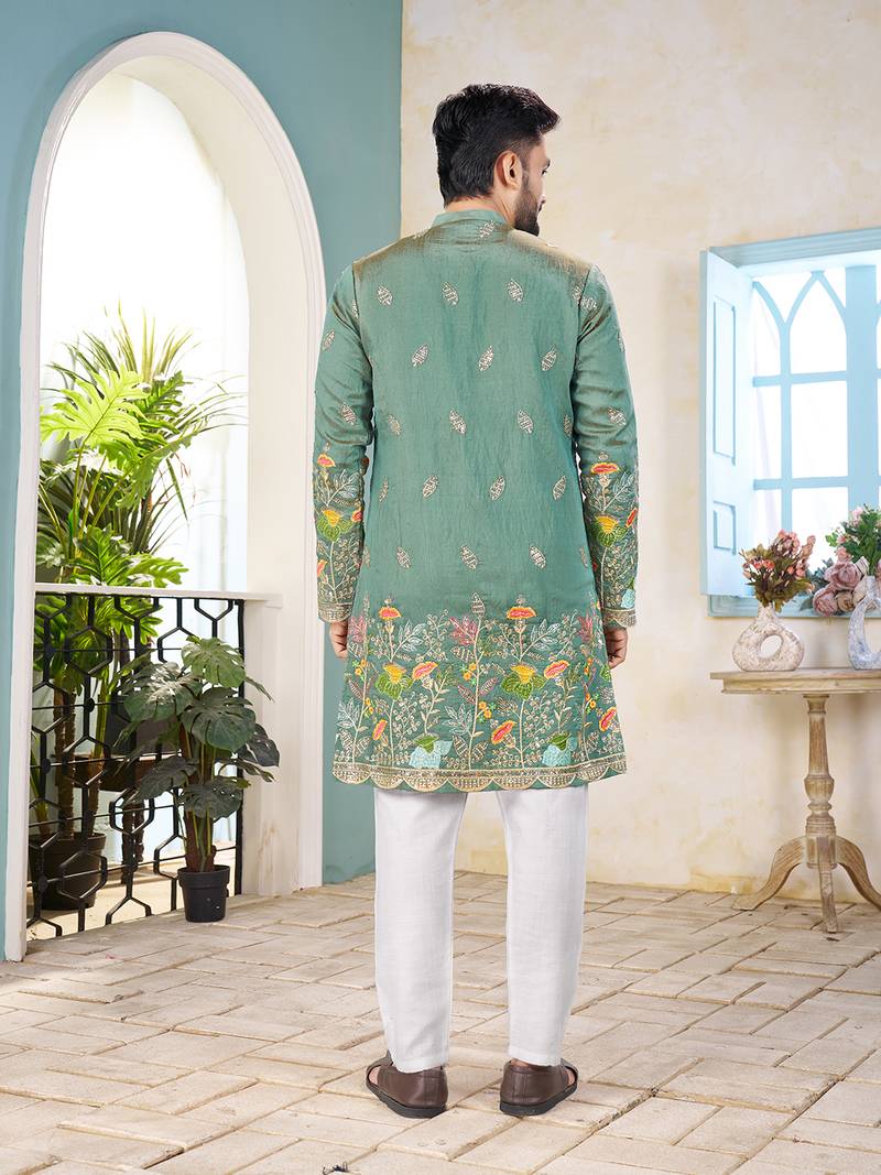 Sea green cranchi silk embroidered men's kurta
