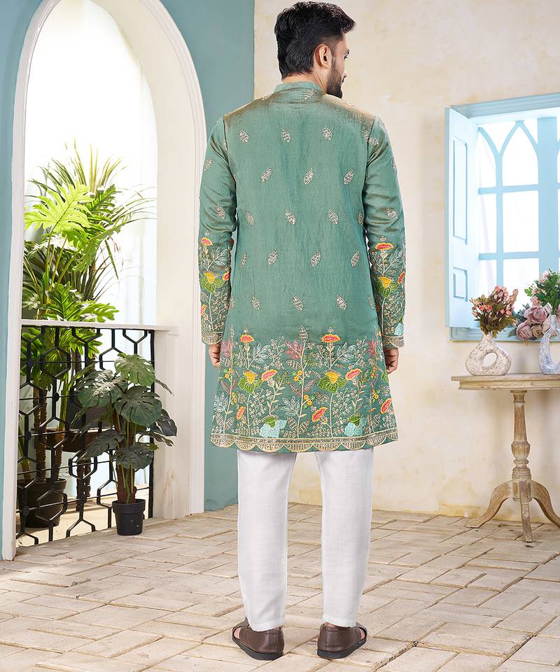Sea green cranchi silk embroidered men's kurta