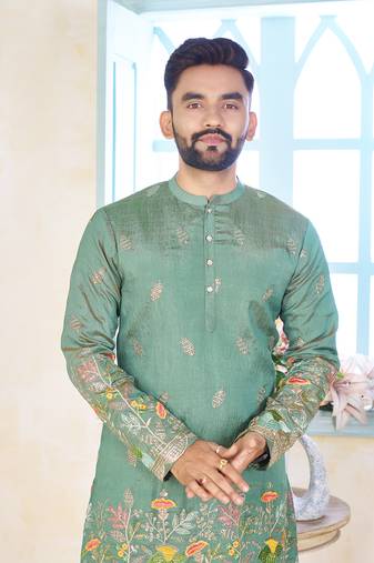Sea green cranchi silk embroidered men's kurta