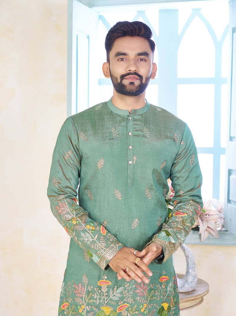 Sea green cranchi silk embroidered men's kurta