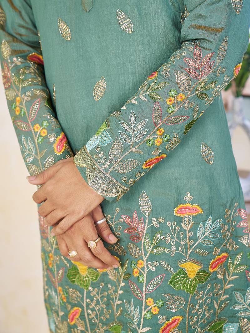 Sea green cranchi silk embroidered men's kurta