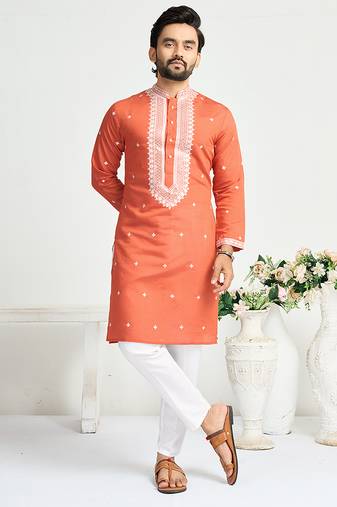 Orange roman silk men's kurta with elegant embroidery work