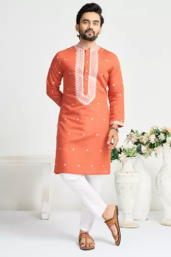 Orange roman silk men's kurta with elegant embroidery work