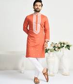 Orange roman silk men's kurta with elegant embroidery work