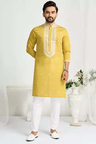 Yellow roman silk men's kurta with elegant embroidery work