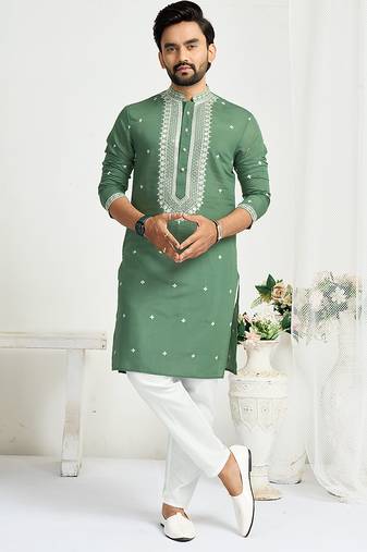 Sea green roman silk men's kurta with elegant embroidery work