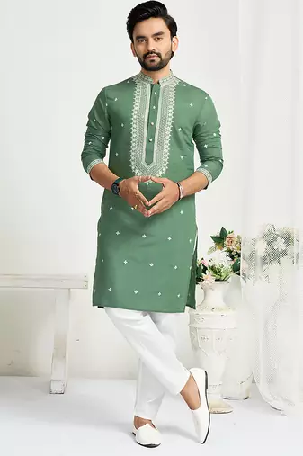 Sea green roman silk men's kurta with elegant embroidery work