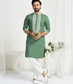 Sea green roman silk men's kurta with elegant embroidery work