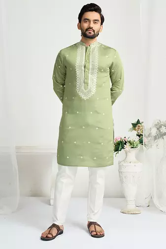 Pastel green roman silk men's kurta with elegant embroidery work