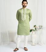 Pastel green roman silk men's kurta with elegant embroidery work
