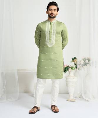Pastel green roman silk men's kurta with elegant embroidery work 2